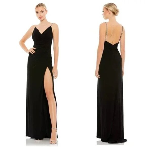 Mac Duggal 26695 Black Jersey Ruched Deep V Neck Column Maxi Rhinestone Strap 10 - Picture 1 of 9